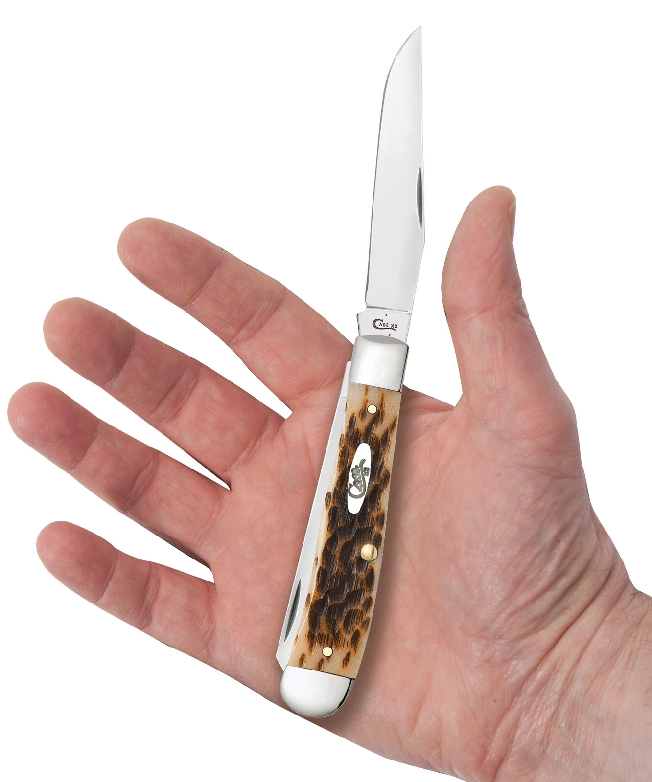 Case Amber Bone Peach Seed Jig (SS) Large Trapper Folder Knife W/ Pocket Clip #06540 - Image 3