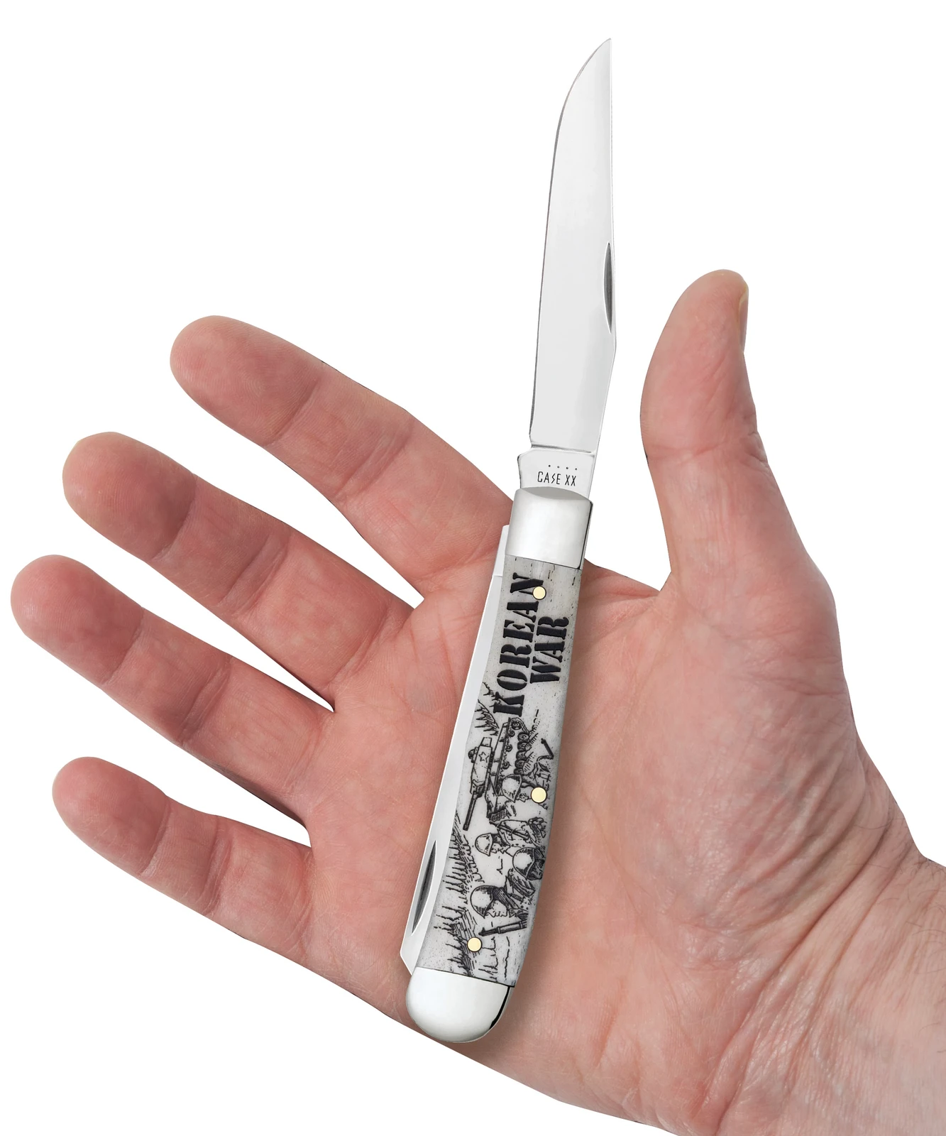 Case War Series Korean War Embellished Smooth Natural Bone (SS) Large Trapper Folder Knife #50951 - Image 3