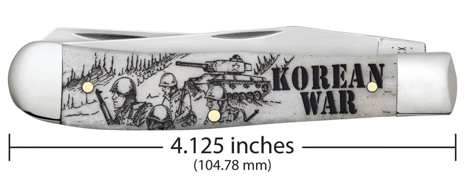 Case War Series Korean War Embellished Smooth Natural Bone (SS) Large Trapper Folder Knife #50951 - Image 4