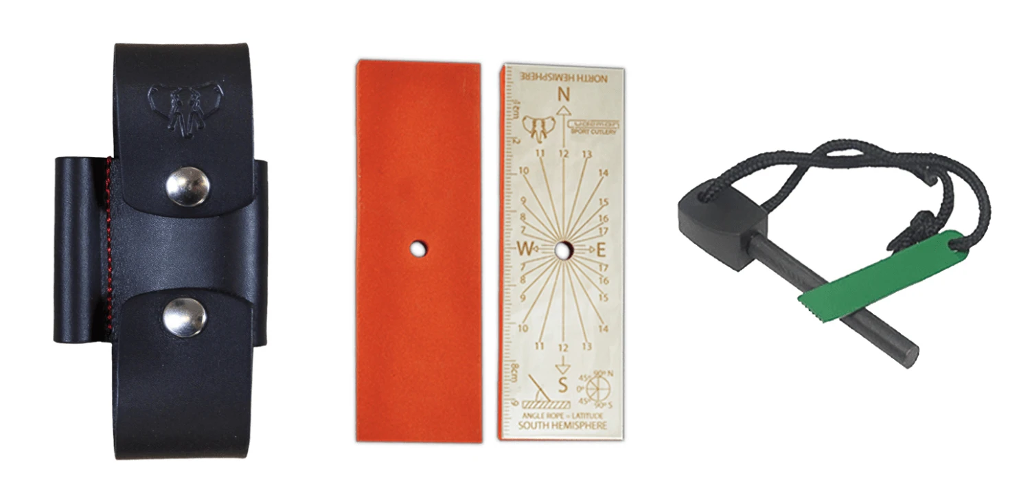 Cudeman Adaptor Accessory, Firesteel, Signalling Mirror, Sharpening Stone, Black Leather - 644-N