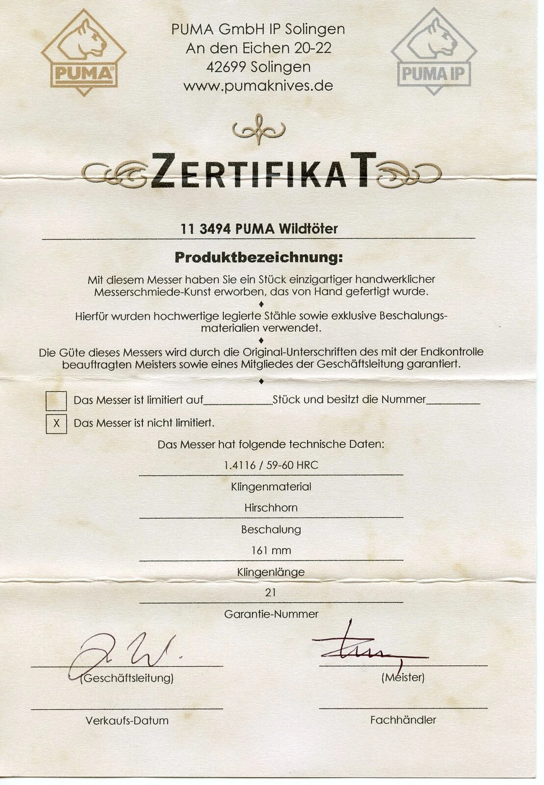 Puma Wildtöter Stag Handle Fixed Blade Hunting Knife, Leather Sheath - 113494 - Image 5