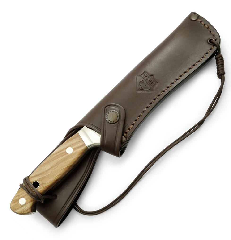 Puma White Hunter 240 Olive Wood Handle Fixed Blade Knife, Leather Sheath - 126009