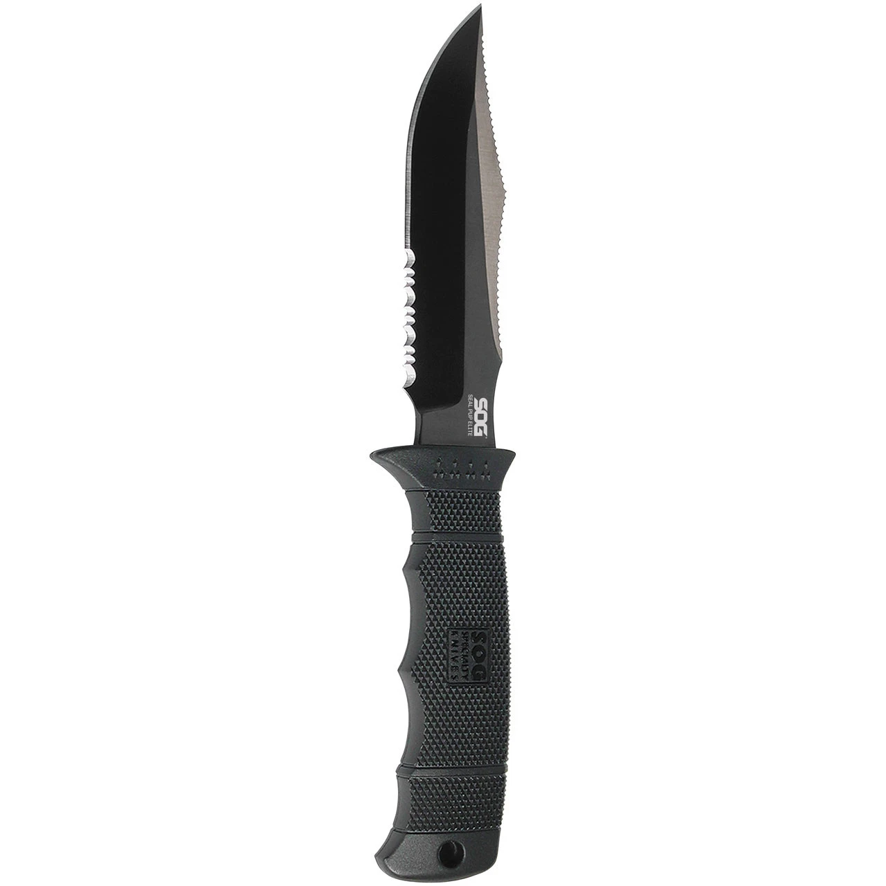 SOG Seal Pup Elite Black TiNi Partially Serrated Fixed Blade Knife, Kydex Sheath E37T-K
