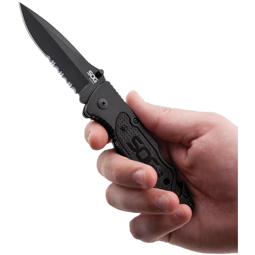 SOG Escape Clip Point Black Serrated Recue Folder Knife FF25 - Image 2